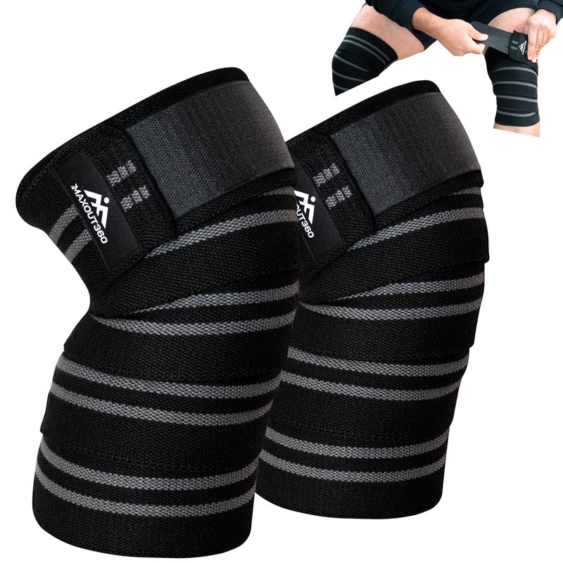MaxOut360 Knee Wraps for Weightlifting (Pair), 78" Cotton Knee Wrap for Squats & WODs, Knee Straps for Powerlifting with Compression & Elastic Support, Black - Image 1